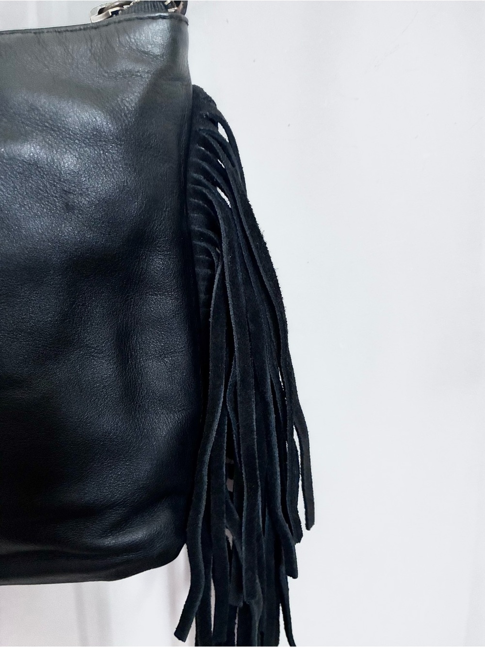 Fringed Tooled Leather Crossbody Bag - Black & Burgundy - Picture 9 of 10